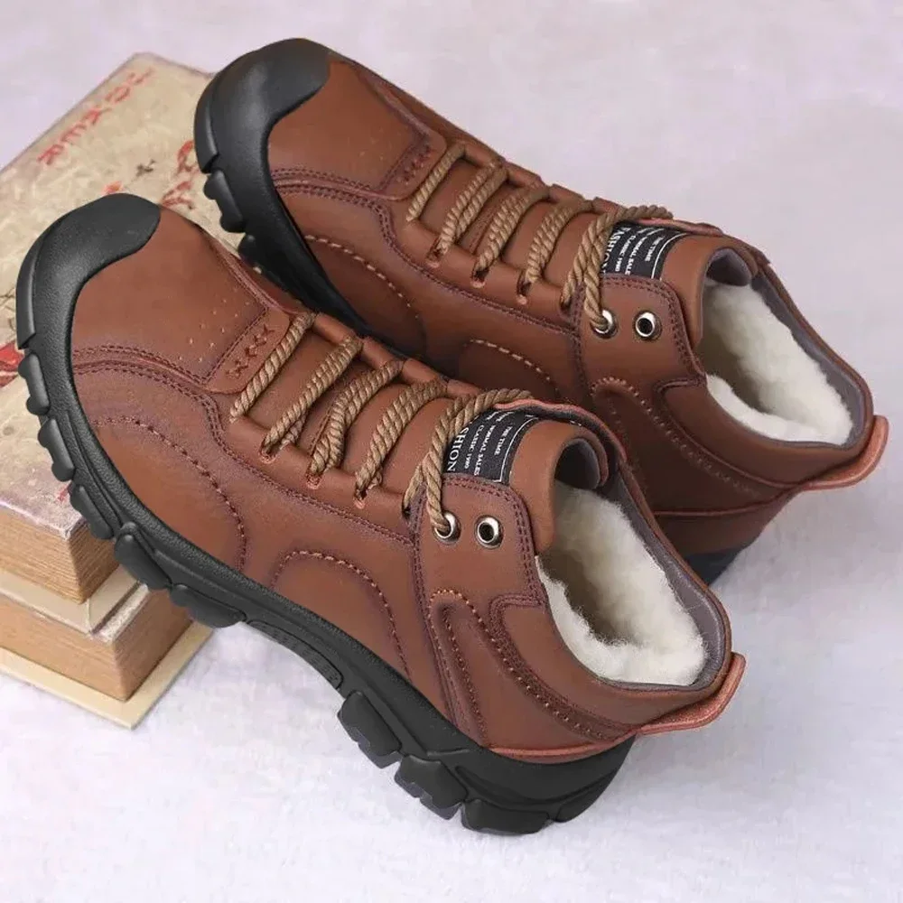 Men's Fall and Winter PU Leather Shoes Padded Thickened Waterproof Casual Men's High-top Shoes Outdoor Sports Snow Boots
