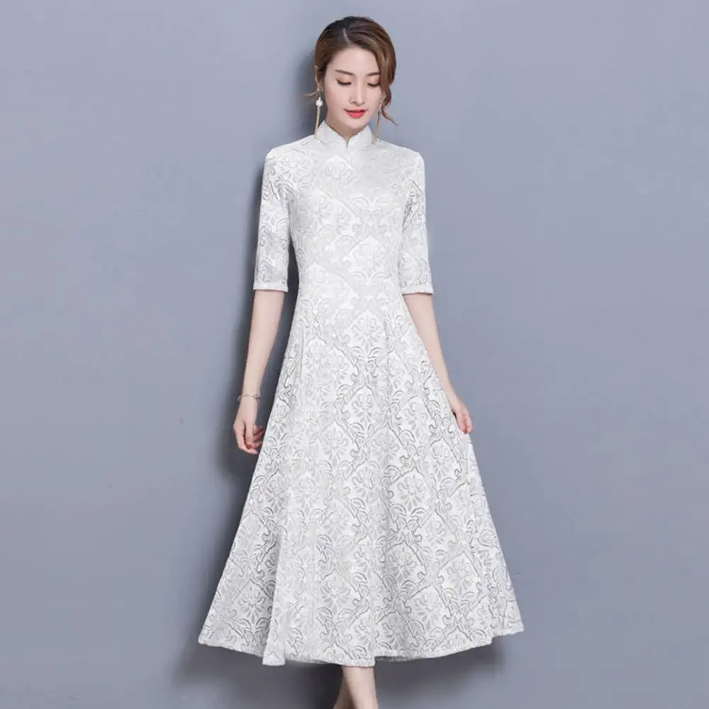 

Women Evening Dress Chinese Style Stand Collar Half Sleeves A-line Qipao Big Hem Mid-calf Length Mother Banquet Midi Dress