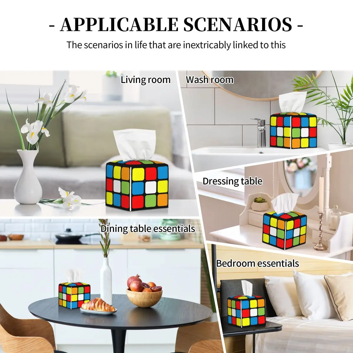 Custom 3x3 Rubiks Cube Pattern Tissue Box Cover PU Leather Square Facial Tissues Holder for Bathroom 5