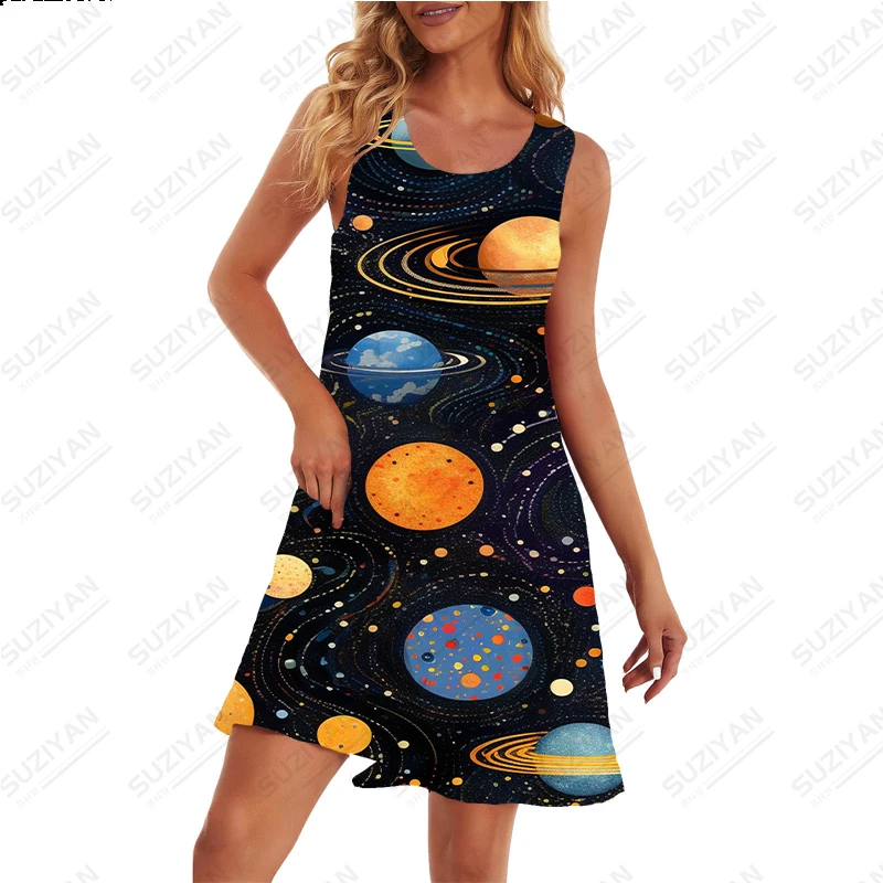 

Летнее платье высокого качества с принтом таинственной планеты, Простое Повседневное платье, модное винтажное уличное платье с круглым вырезом, женское платье