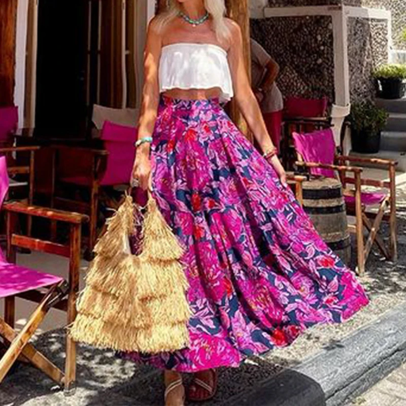 

Spring Elegant Flower Print Pleated Party Skirts 2024 Summer Fashion Hight Waist Beach Skirt Women Casual Loose Bohe Long Skirt