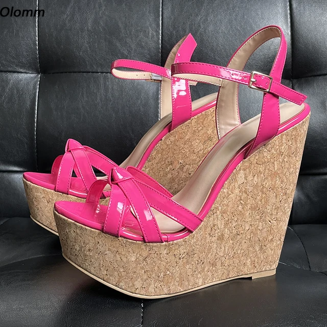 Olomm Handmade Women Summer Platform Sandals Patent Wedges Heels Open Toe  Gorgeous Fuchsia Party Shoes Ladies