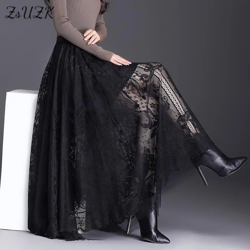 

ZUZK Women Fashion Lace Big Swing Skirt Spring Autumn Fashion High Waist Slim Through Sexy Skirts Long Trumpet Skirts 2Colors