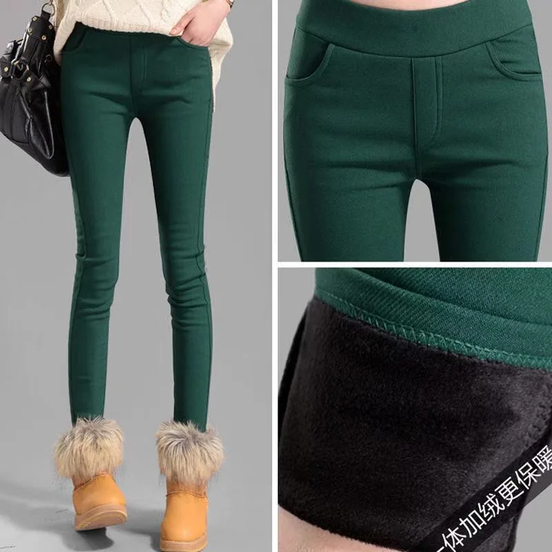 Casual Candy Color Plus Velvet Thick Pencil Pants Womens High Waist Warm Slim Stretch Pants Winter Fleeve Ol Leggings Trousers