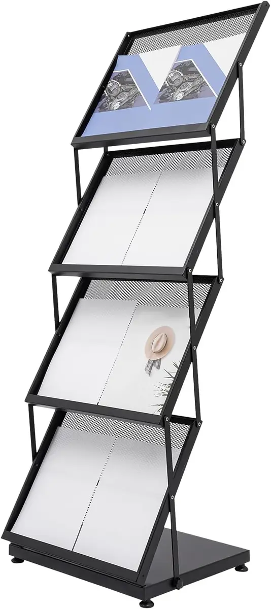 Foldable Magazine Rack,4 Tier A3 Literature Rack Brochure Display Stand Floor Magazine Rack for Exhibition, Office, Retail Store