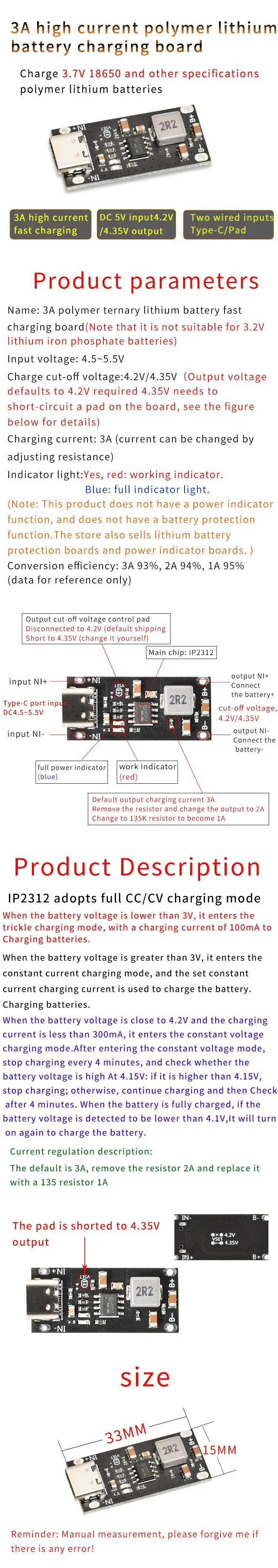 Typ-C USB Eingang High Strom 3A Polymer Ternären Lithium-Batterie Schnell Lade Board IP2312 CC/CV modus 5V Zu 4,2 V – Detail 1