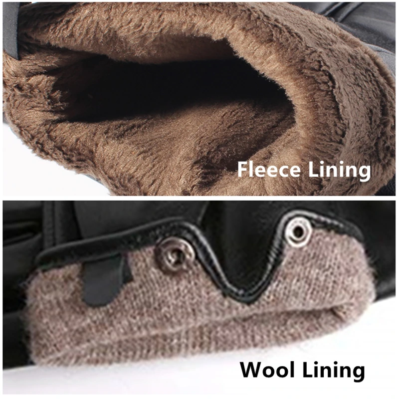 Men's Genuine Leather Gloves Real Sheepskin Touch Screen Gloves Button Wool Lining Winter Mittens GSM050