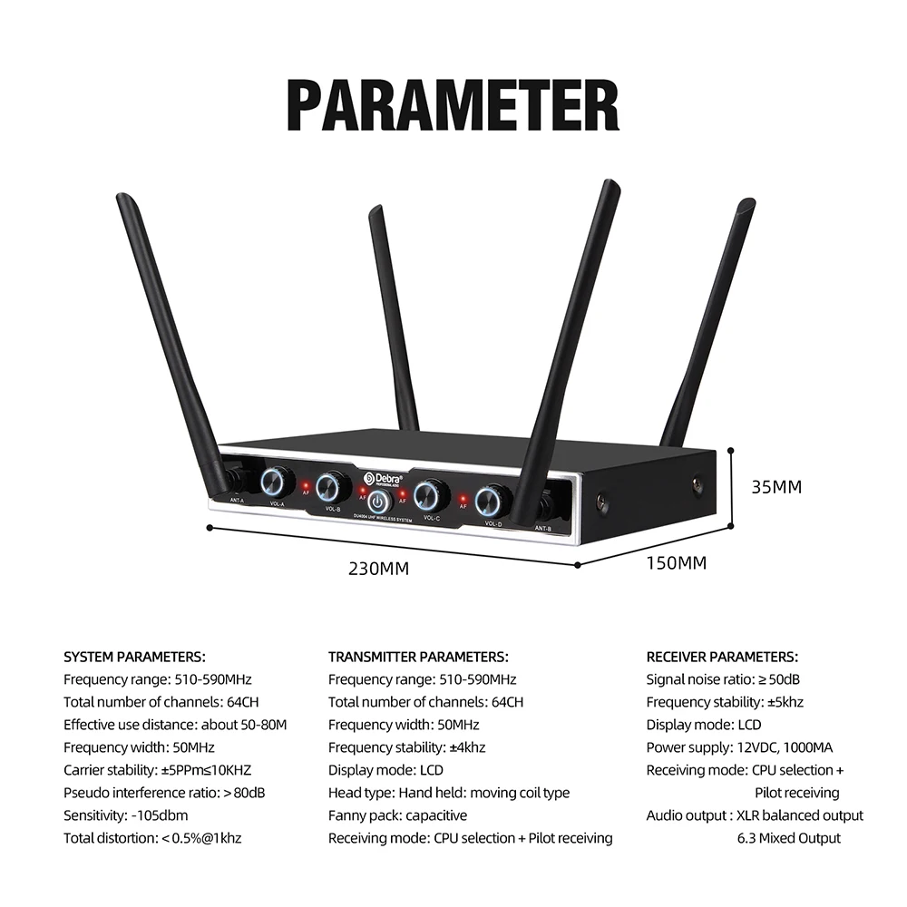 Debra DU4004 UHF 4-channel Wireless Conference Microphone System With Handheld*L