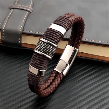 Luxury Vintage Multilayer Brown Genuine Leather Men Bracelet Stone Bead Bracelet Stainless Steel Jewelry Male Wrist Bangle Gift