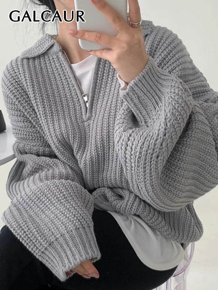 

GALCAUR Vintage Knitting Sweaters For Women Lapel Long Sleeve Patchwork Zipper Korean Autumn Solid Loose Pullover Sweater Female