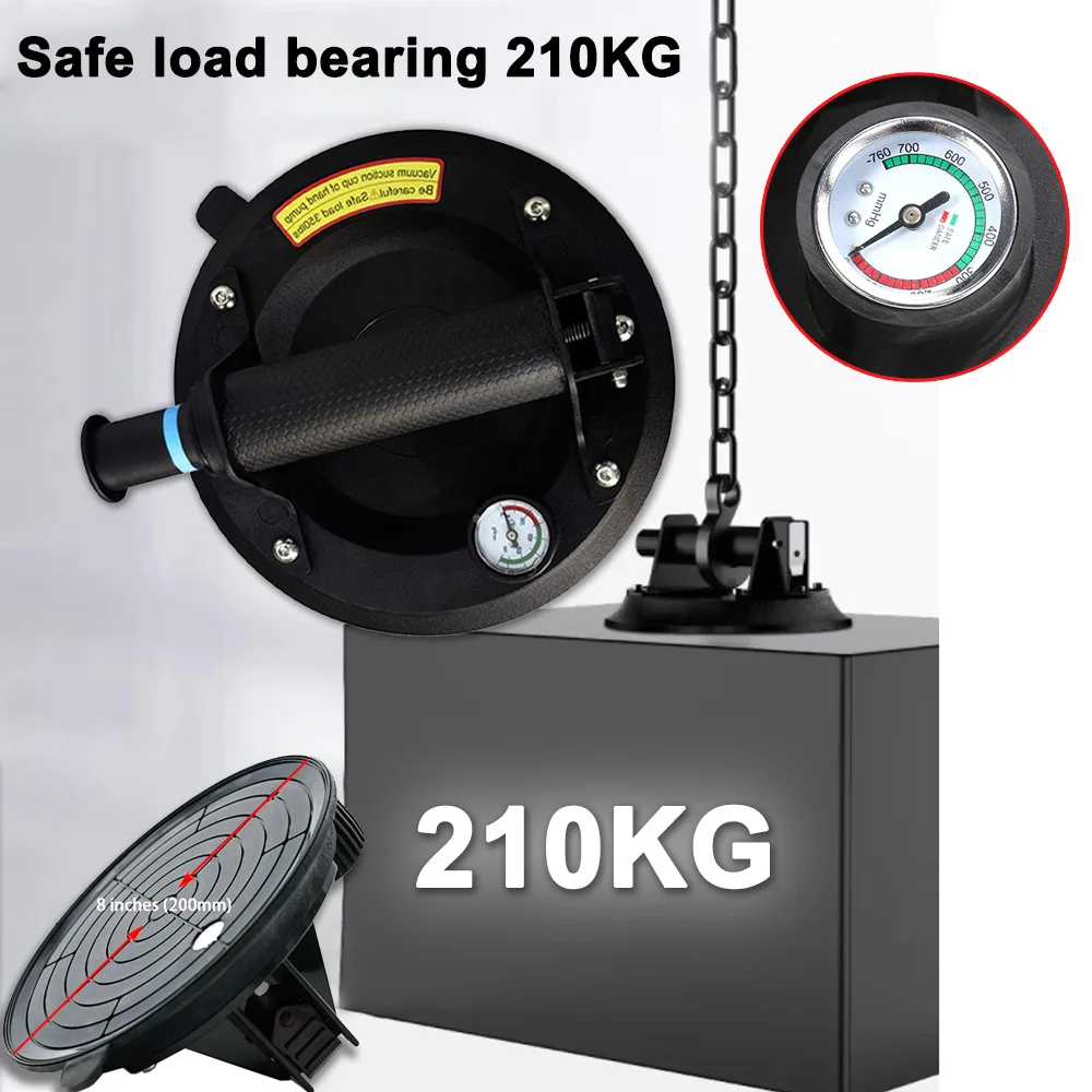 8" Heavy Duty Suction Cup Lifter 210KG Pressure Gauge Industrial Glass Vacuum Suction Cups for Lifting Glass Tile Cup