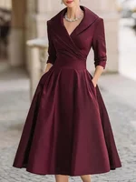Fashionable commuting lapel cross pleated waist A-shaped dress for women - Image 4