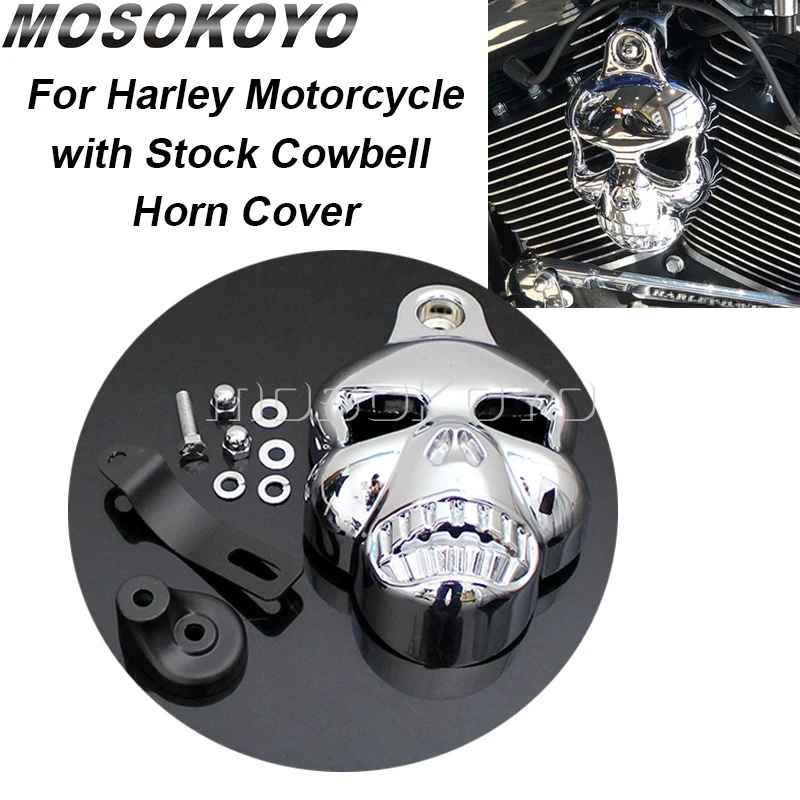 

Motorcycle Chrome LED Skull Horn Cover Stock Cowbell For Harley Softail Dyna Sportster XL Road King Classic V-ROD'S 1992-2014