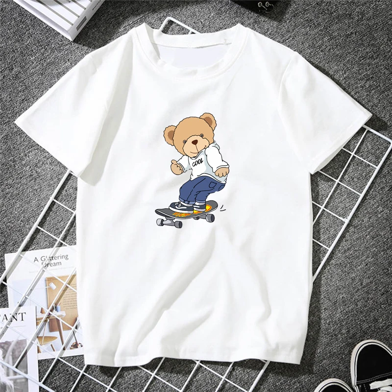 Cute Teddy Bear Print Shirt Short Sleeve O Neck Loose Tshirt