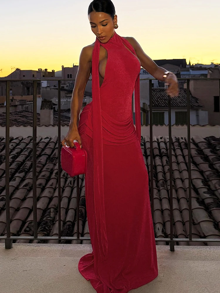 Nibber Folds Maxi Dress Women Bandage Halter Long Tassel Sleeveless Backless High Elasticity Elegant Banquet Party Vestidos