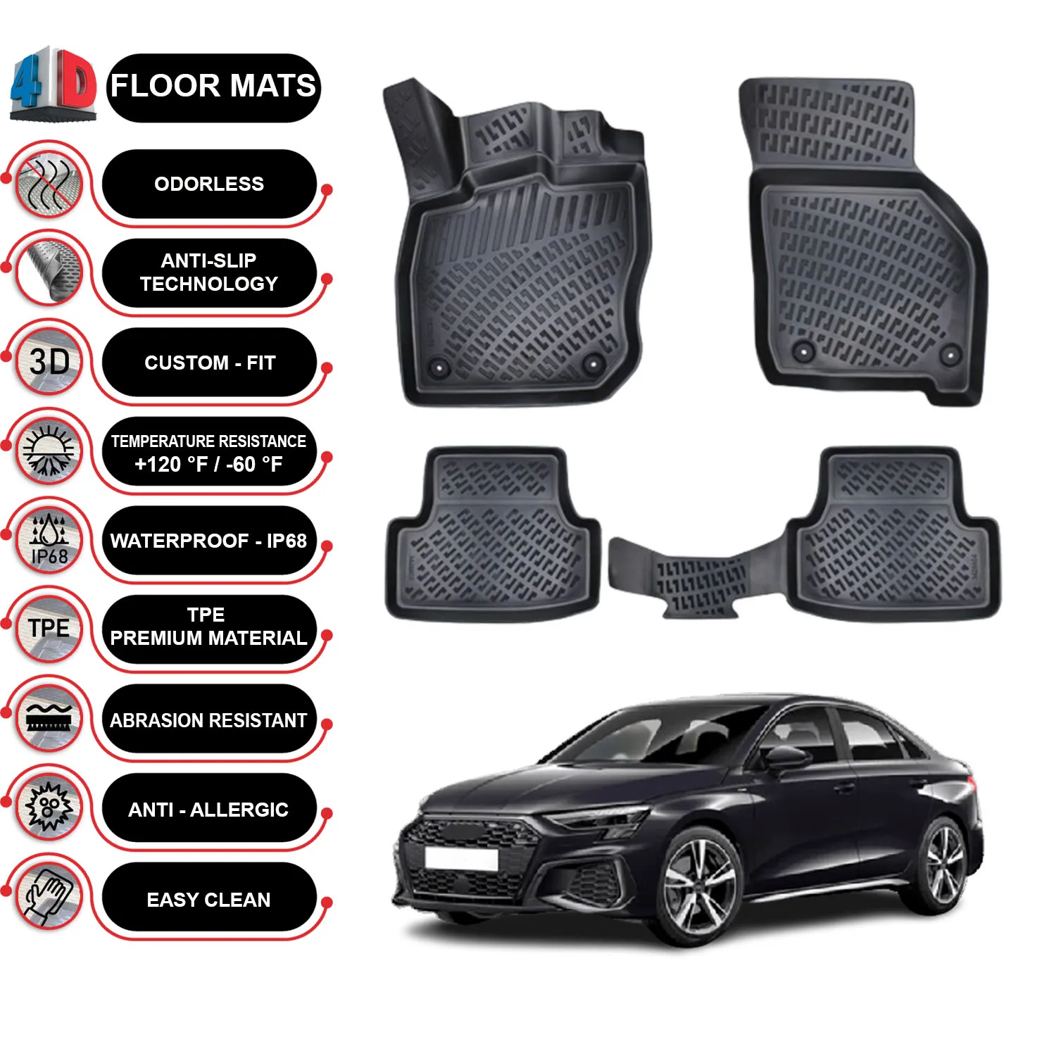

Audi A3 - (-2021) Floor Mats Liner Waterproof 3D - (Black)