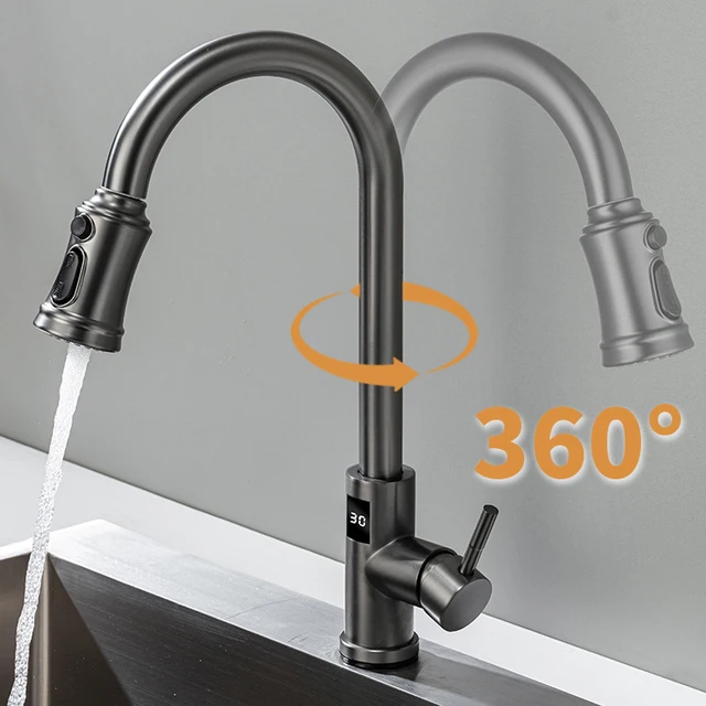 ก๊อกน้ำอ่างล้างจานแบบดิจิตอลสีเทา พร้อมหัวฉีดแบบดึงลง ก๊อกผสมน้ำร้อนน้ำเย็นแบบสัมผัสสำหรับห้องครัว 4 ก๊อกน้ำอ่างล้างจานแบบดิจิตอลสีเทา พร้อมหัวฉีดแบบดึงลง ก๊อกผสมน้ำร้อนน้ำเย็นแบบสัมผัสสำหรับห้องครัว 4