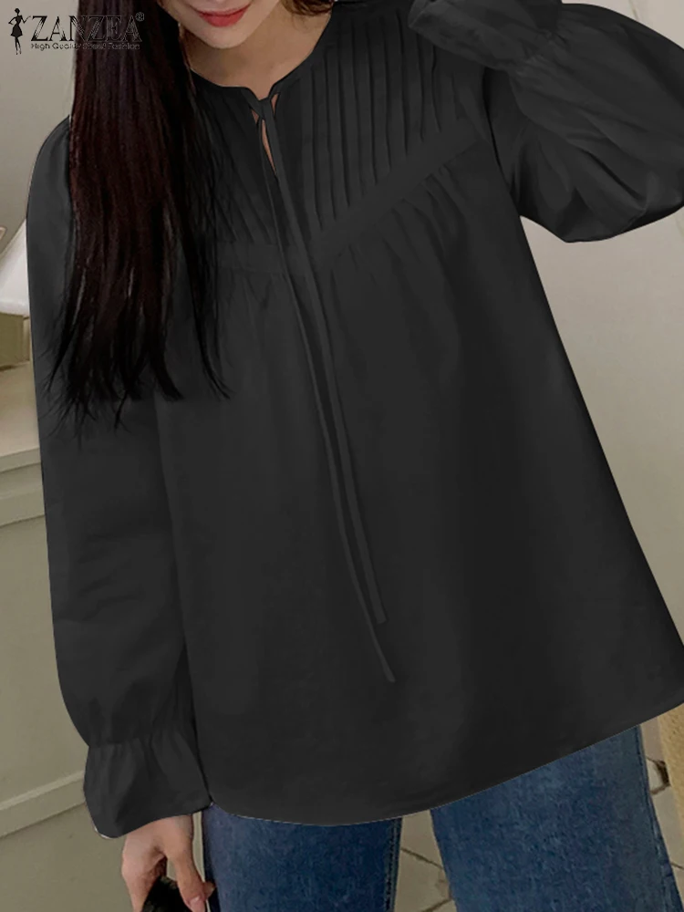 

Женская блузка с длинным пышным рукавом ZANZEA, элегантные блузы на шнуровке, весна 2024, винтажная плиссированная туника, Повседневная Свободная фотография