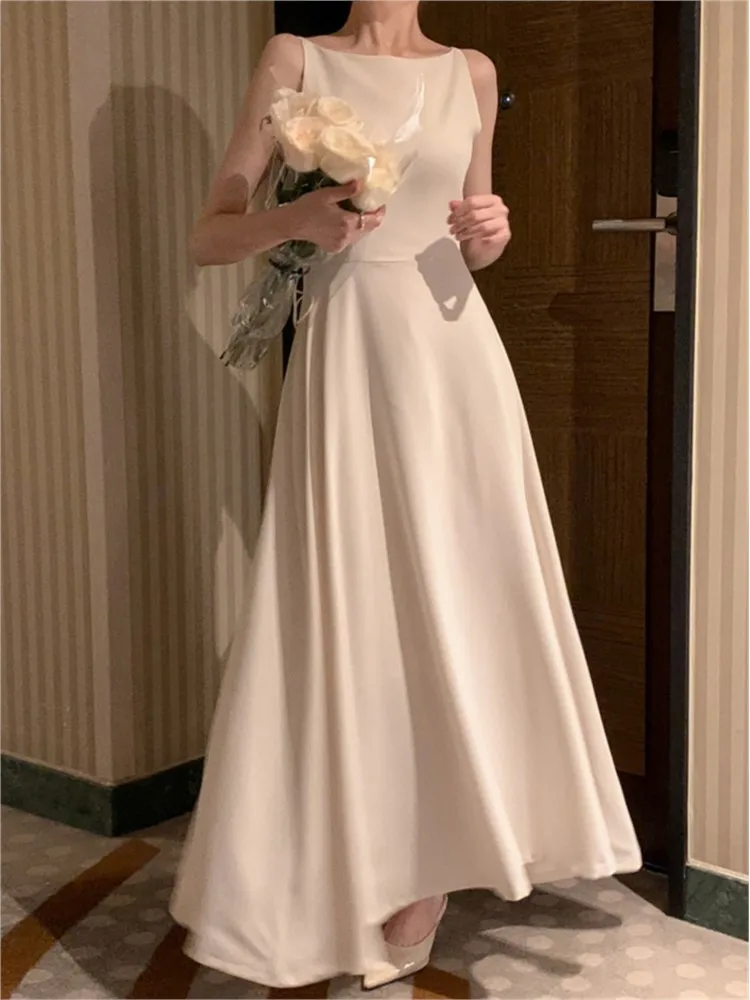Elegant Solid Long Dresses for Women Wedding Evening Party Dress Sleeveless Casual A-line Summer Korean One Piece Vestido Mujer