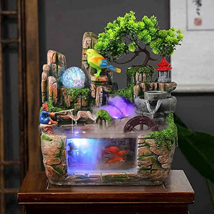 

Desktop Fountain Waterfall with Rockery, Indoor Relaxation Tabletop Resin Ornament with Light Bird & Fisherman for Home