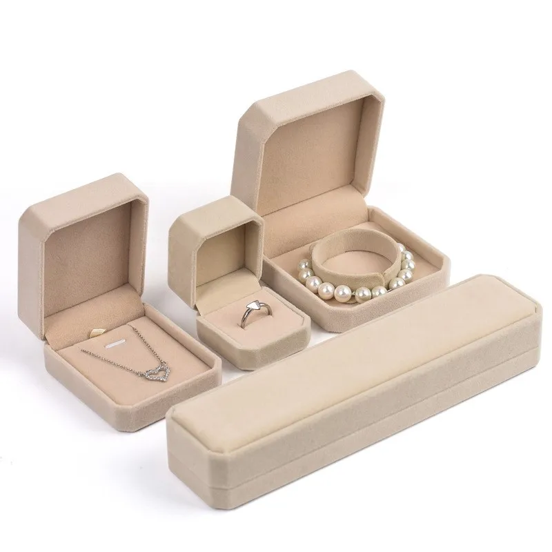 Beige Velvet Octagon Jewelry Box Necklace Pendants Bracelets Box Rings Earrings Box Jewelry Storage Display Jewelry Package Case