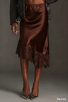 Women's Satin Lace Midi Skirt Elegant Solid Color Asymmetric Hem Loose Fit Knee Length Skirt for Party Work Daily Wear