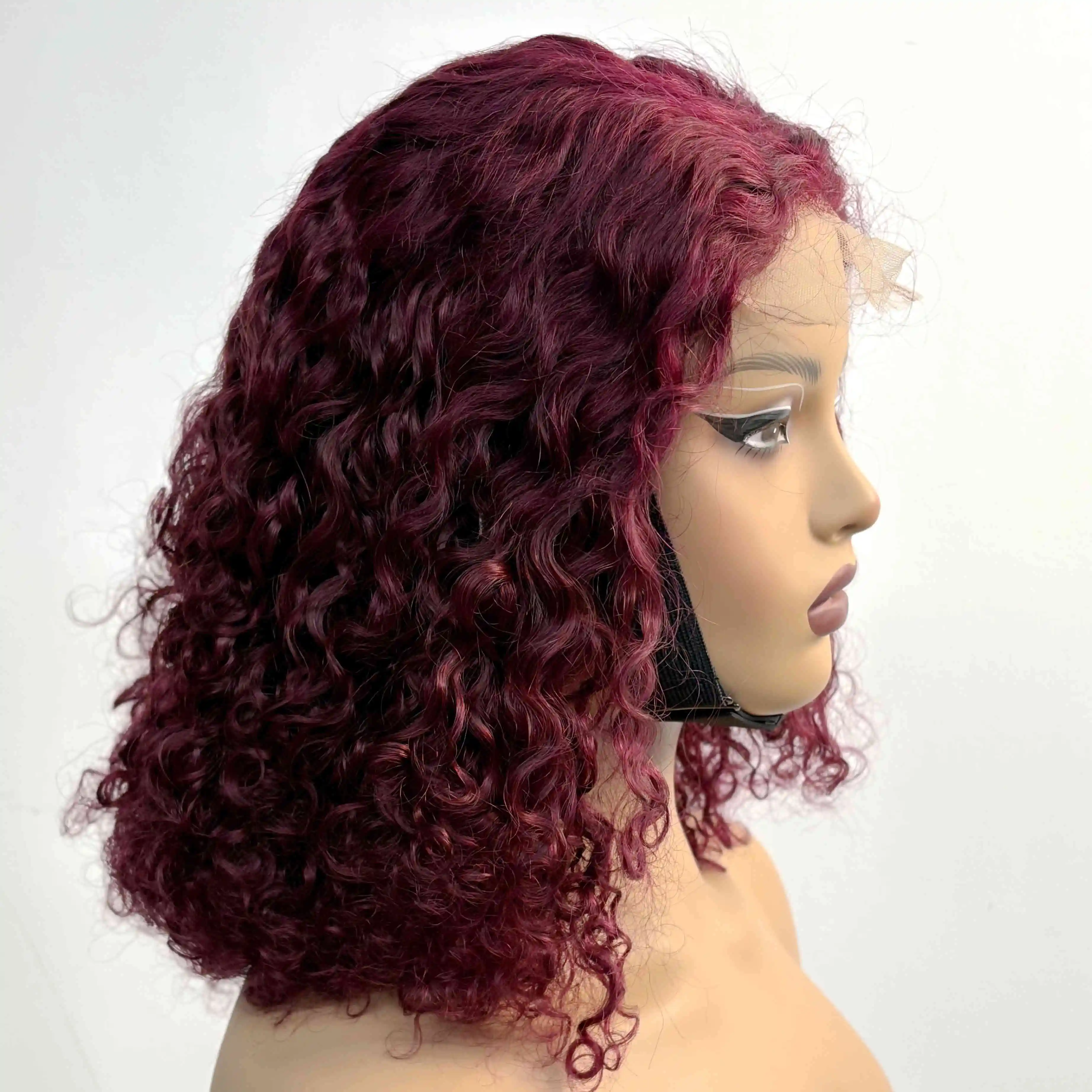 Burgundy 99J# Water Wave Human Hair Wigs 4x4 Transparent Lace Closure Colored Deep Wave Curly Brazilian Remy Hair Wigs for Women 3