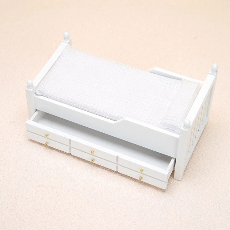 1:12 Dollhouse Miniature Bed White European Single Bed With Drawer Bedroom Furniture Model Decor Toy Doll House Accessories