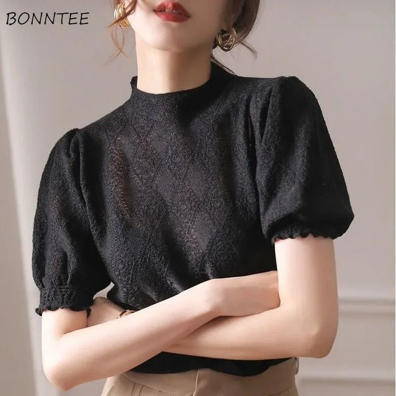 

Pullovers Women Cropped Fashion Pure Hollow Out Design Short Sleeve All-match Temperament Lady Elegant Vintage O-Neck Sweater