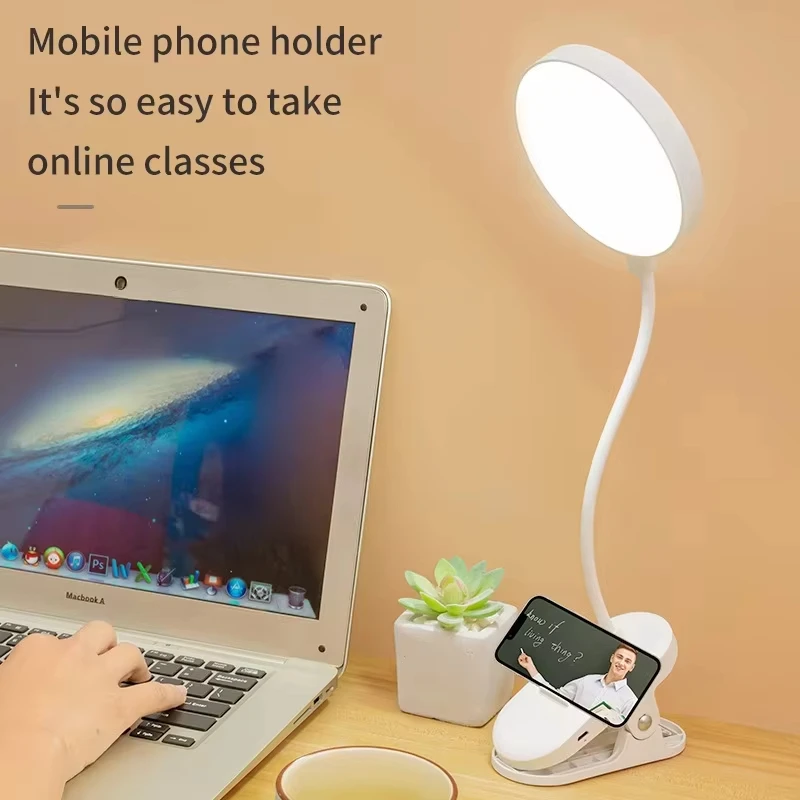 LED Portable Clip Table Lamp USB Rechargeable Clip Desk Lamp Bed Reading Night Light Touch 3 Dimming Modes Eye Protection Light 3