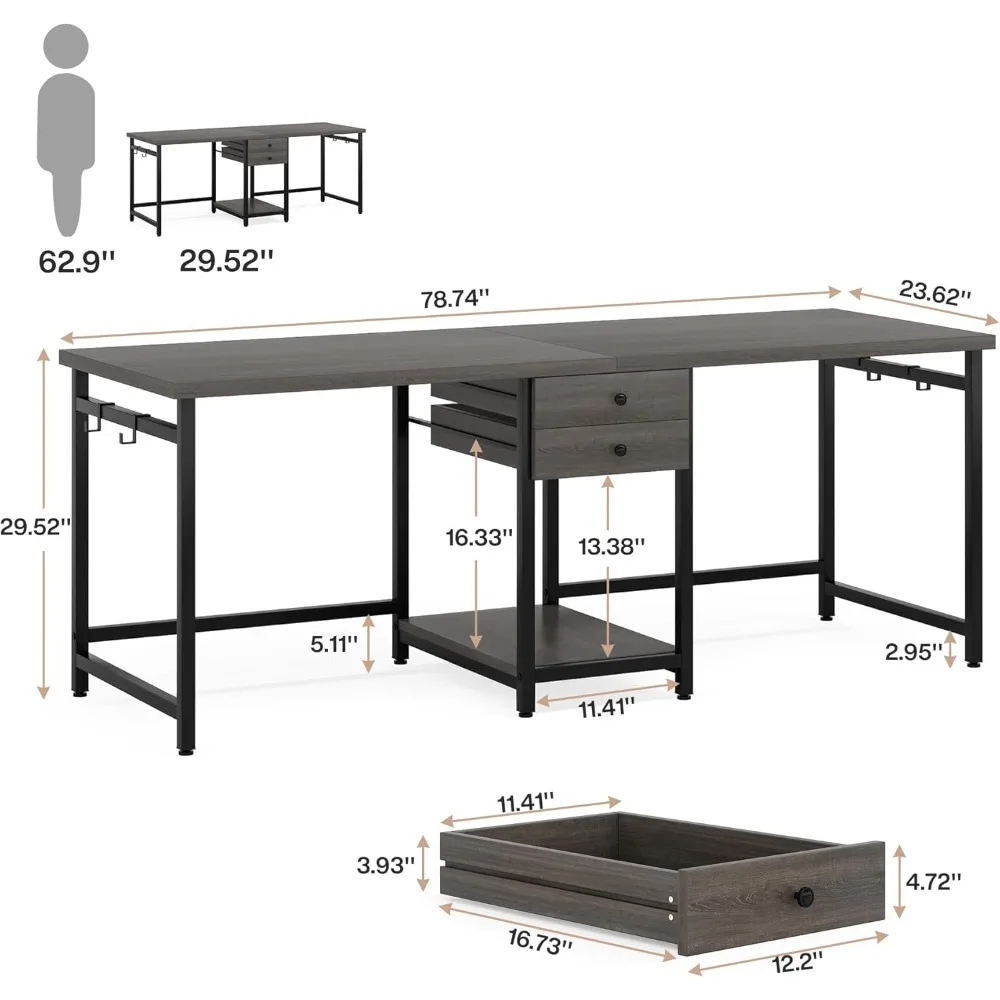 79 Inch Extra Long Desk, Double Desk with 2 Drawers, Two Person Desk Long Computer Desk with Storage Shelves, Writing 2