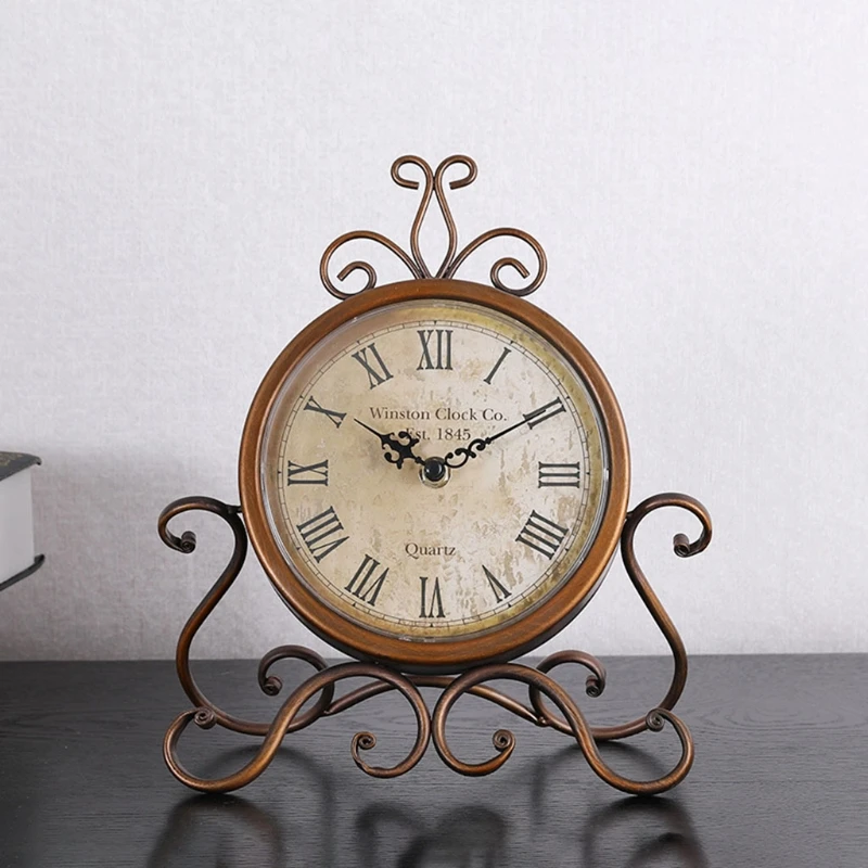 Vintage Retro Iron Ornament Battery Operated Silent Table Clock Home Bedroom Living Room Office Decor retro desk clock