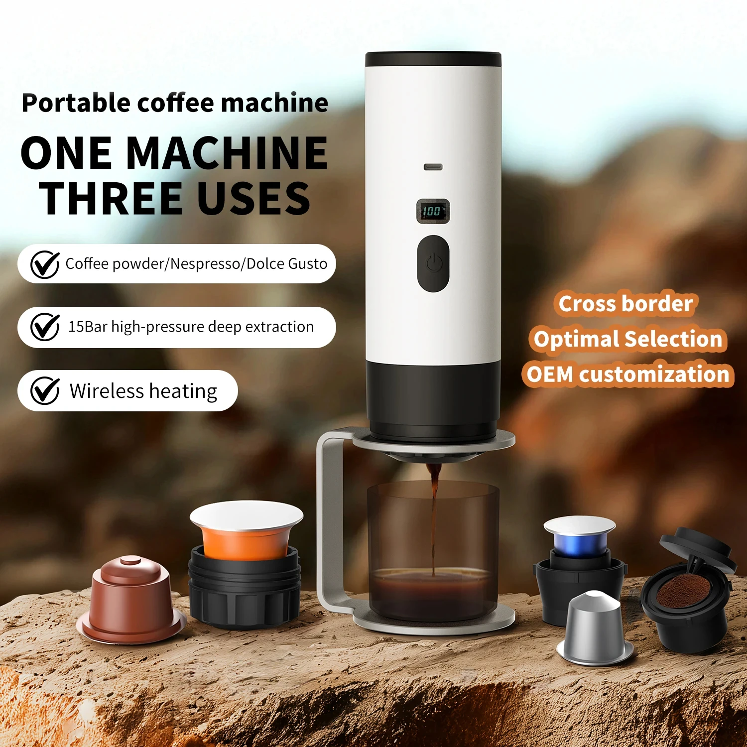 Portable Wireless Charging Coffee Machine 15BAR Multi-function 3 in 1 Fully Automatic Heating Overflow Capsule Coffee Machine