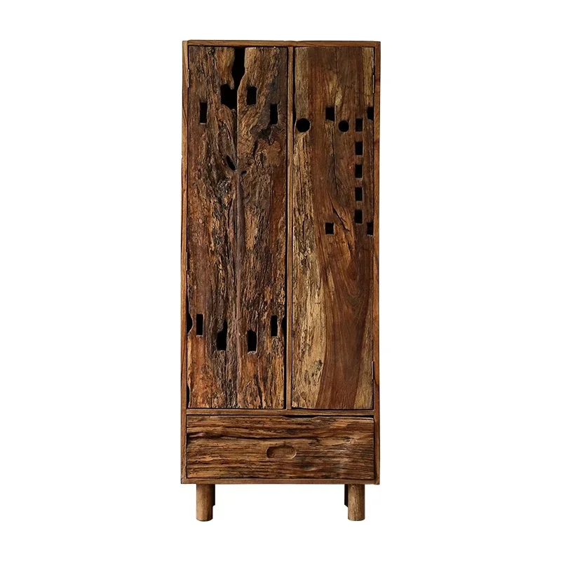 Weathered Wood Display Shelf for Tea Room, Solid Wood Storage Cabinet, Wabi-Sabi Design
