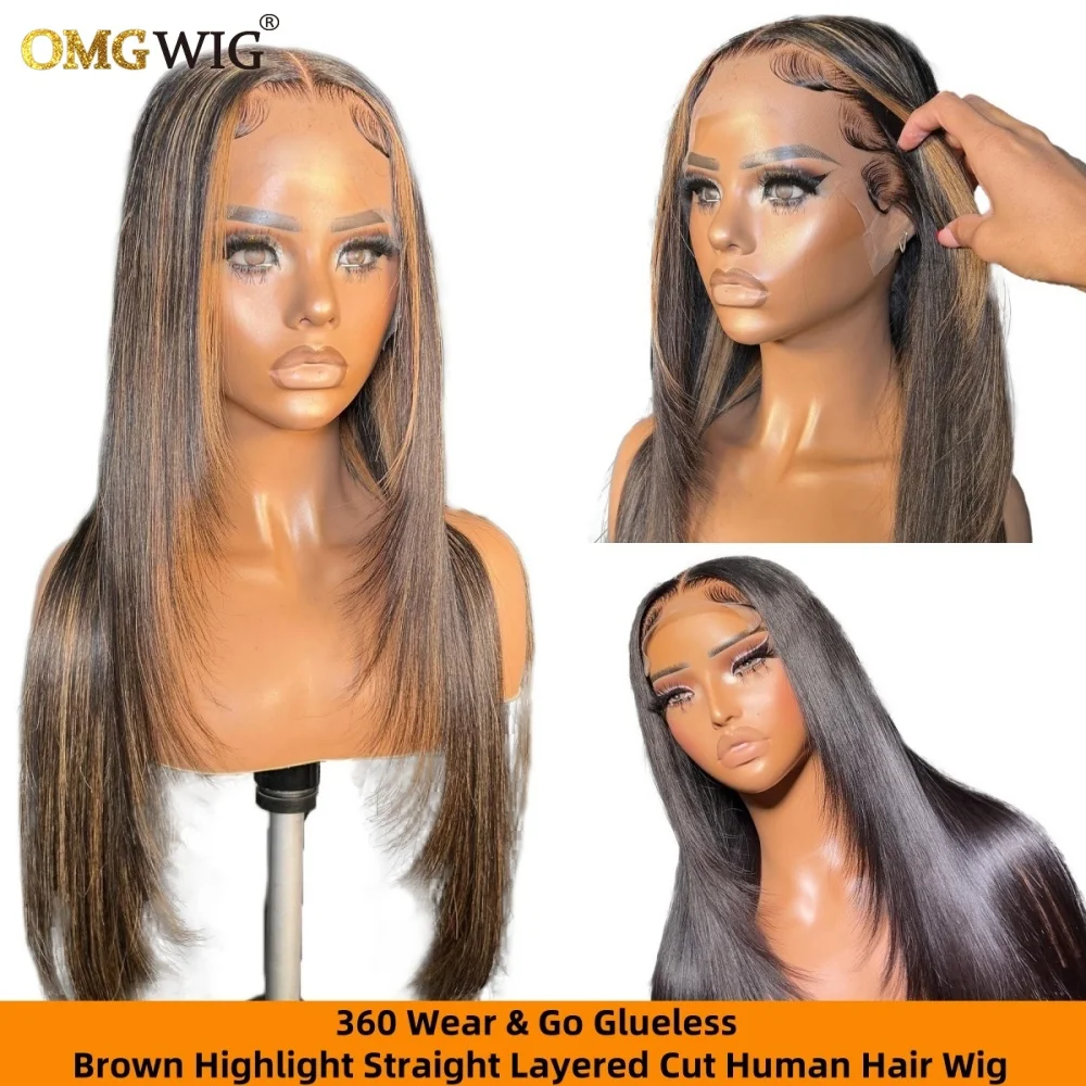 Brown Highlight Color 360 Glueless Lace Straight Layered Cut Wig With Invisible Straps 5x7 Ready To Go Straight Human Hair Wig