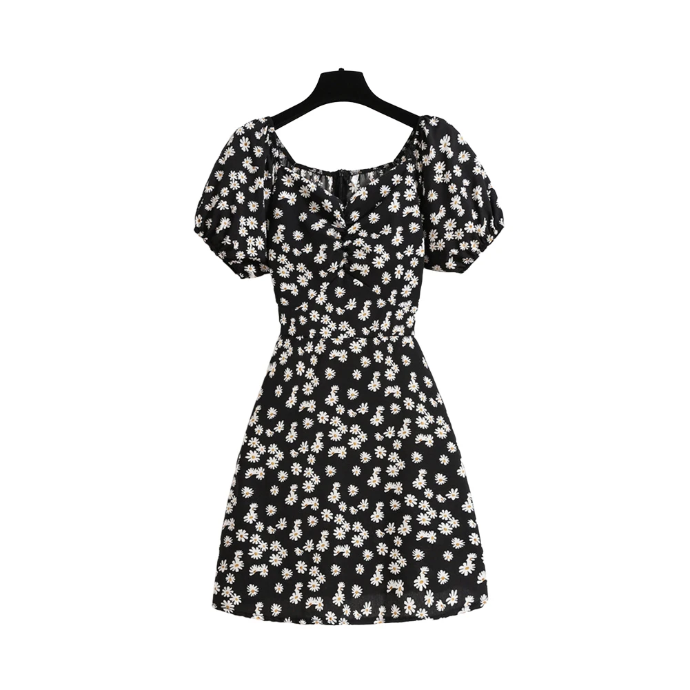

Vintage French Floral Dress V-neck With Lace-Up Loose Fit Casual Skirt