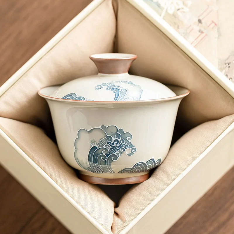 Carved Wave Gaiwan Set Hand Painted Ceramic Gongfu Tea Bowl with Cup Chinese Traditional Teaware for Tea Ceremony Gift Box