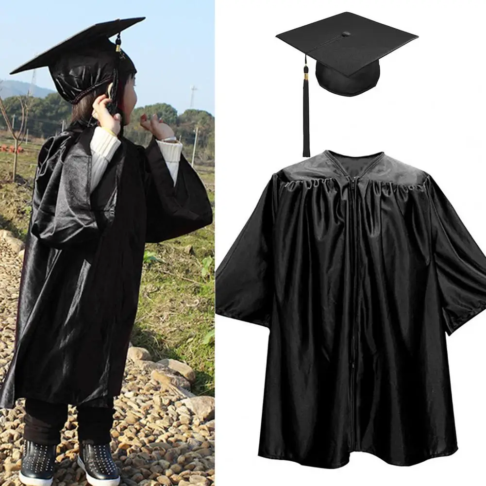 

1 Set Unisex Children Graduation Robe Hat Set Zipper Loose Tassel Kindergarten Graduation Ceremony Gown Cap Tassel Set