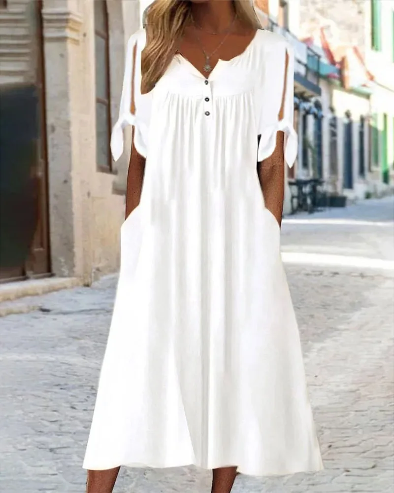 

Split Sleeve Tied Detail Ruched Casual Dress Women Solid Color Summer Spring Long Dress Loose