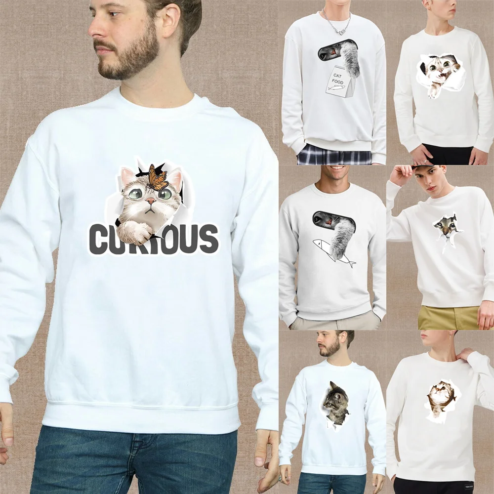 

Autumn Commuter Long-sleeved Sweatshirt Men's Clothing Casual Warm O-neck White Pullover Cute Cat Pattern Printing Series Hoodie