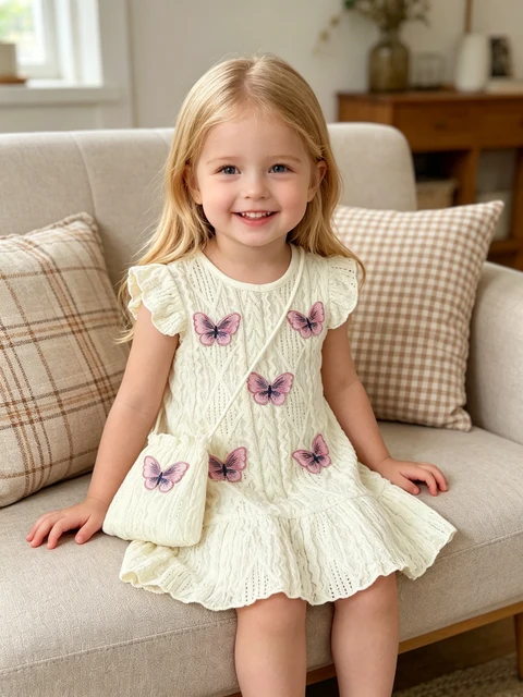 Robe tendance pour filles pour l'été, haut décontracté à motif papillon pour filles, jupe à manches courtes + sac bandoulière 1