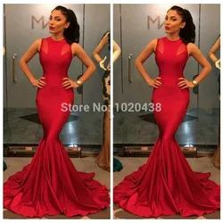 New Fashion O-neck Sleeveless Sheer Neck Floor Length Long Red Mermaid Prom gown 2018 Special Occasion bridesmaid dresses
