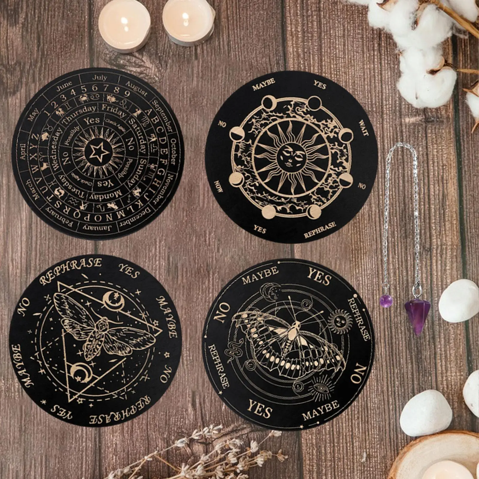 4Pcs Divination Tools Altar Supplies Round Star Sun Moon Wiccan Metaphysical Message Board Wooden Carven Board Card Altar Stand