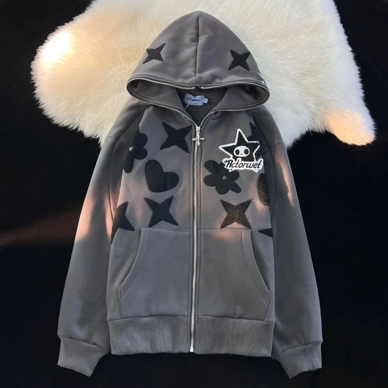 Five Pointed Star Embroidered Flowers American High Street Retro Women Sweatshirt Loose Casual Fleece Couples Wild Hoodie Coat