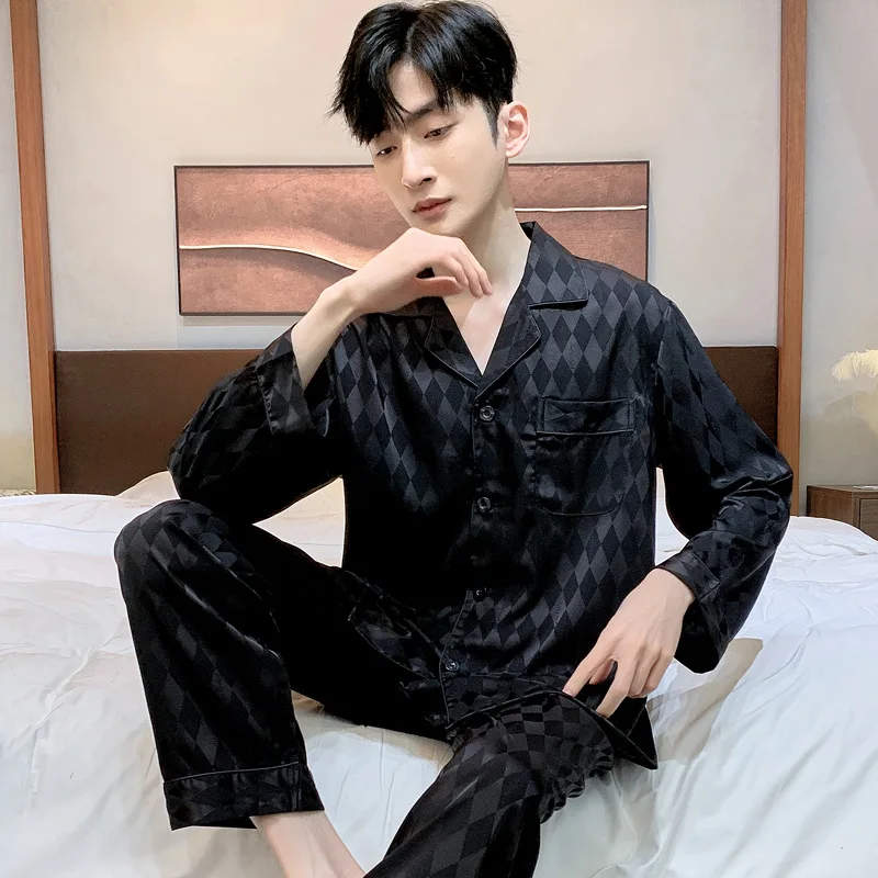 

Men Black Nightwear Long Sleeve Tops Trousers Pajamas Men Satin Sleepwear Pijama Set