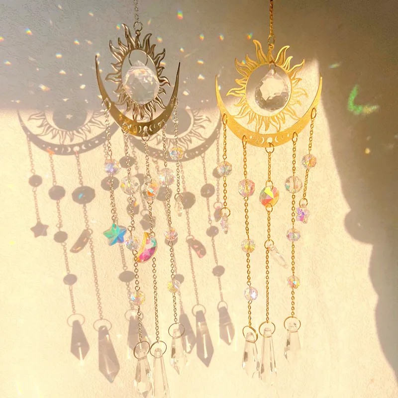 1pc gold flame moon crystal pendant sunlight catcher outdoor garden ab colourful hanging decorations hanging ornaments crystal pendant