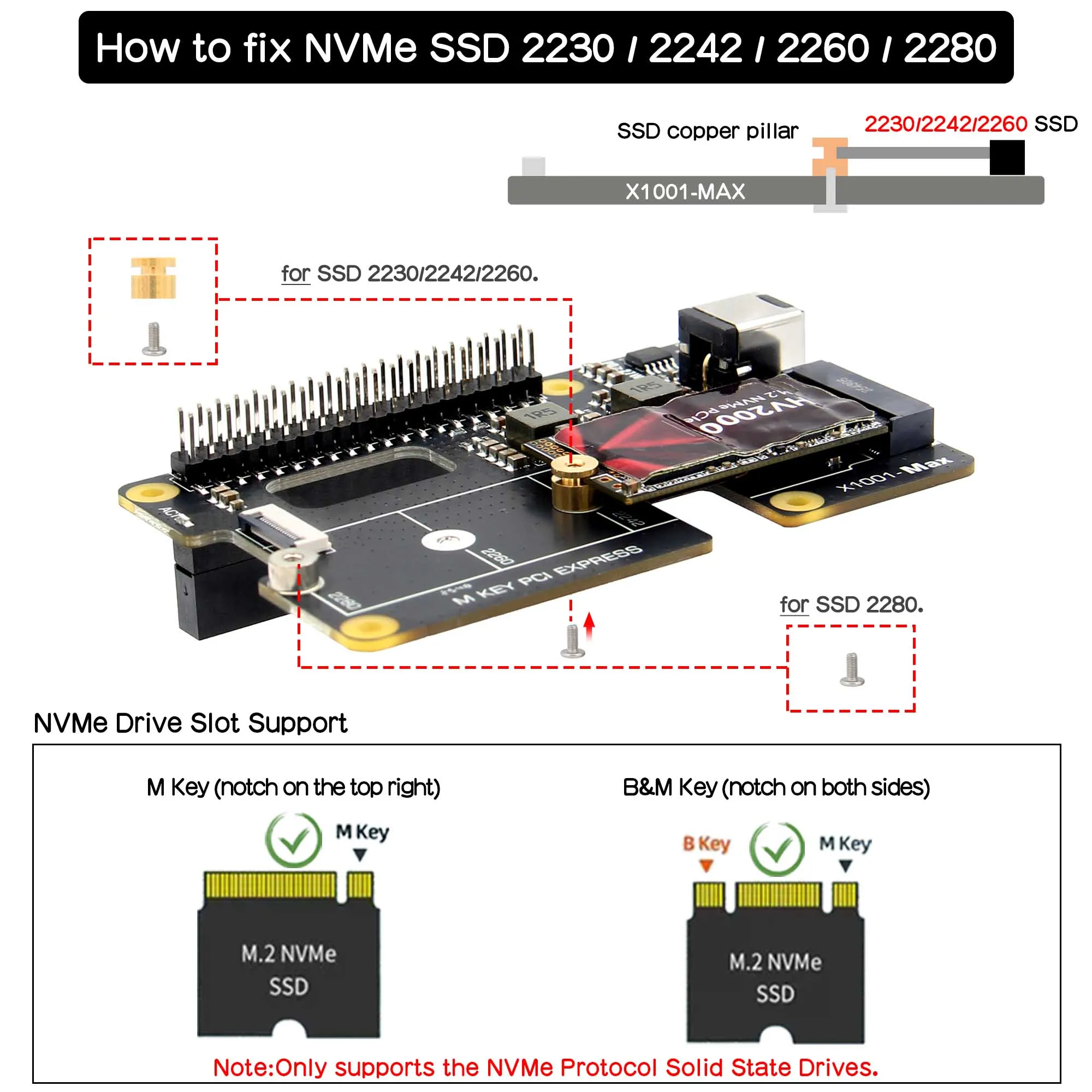 Geekbord X1001-Max PCIe to M.2 NVMe 보드(라즈베리 파이 5용) | 듀얼 전원 입력 | AI 및 SSD 지원 | 고전류 출력