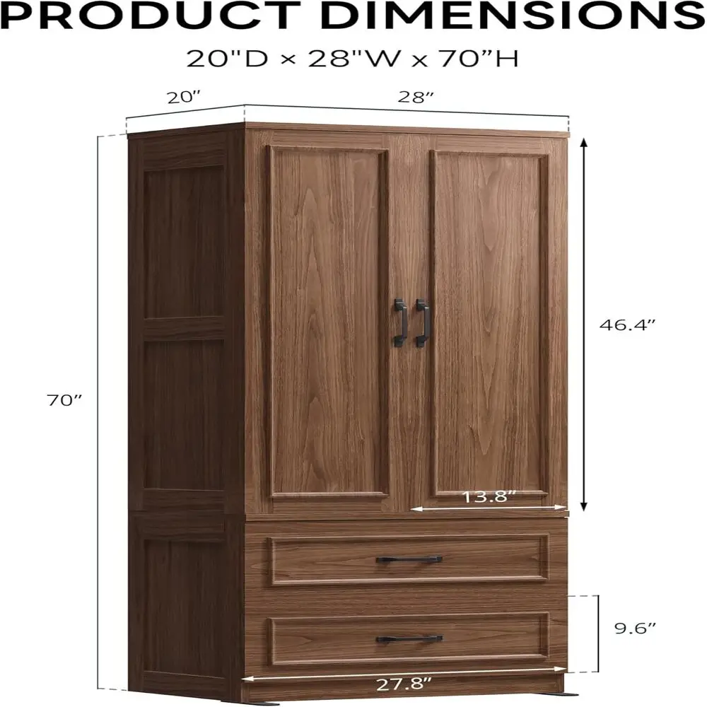 LIKIMIO Armoire Wardrobe Closet with 2 Doors and 2 Drawers 70 6