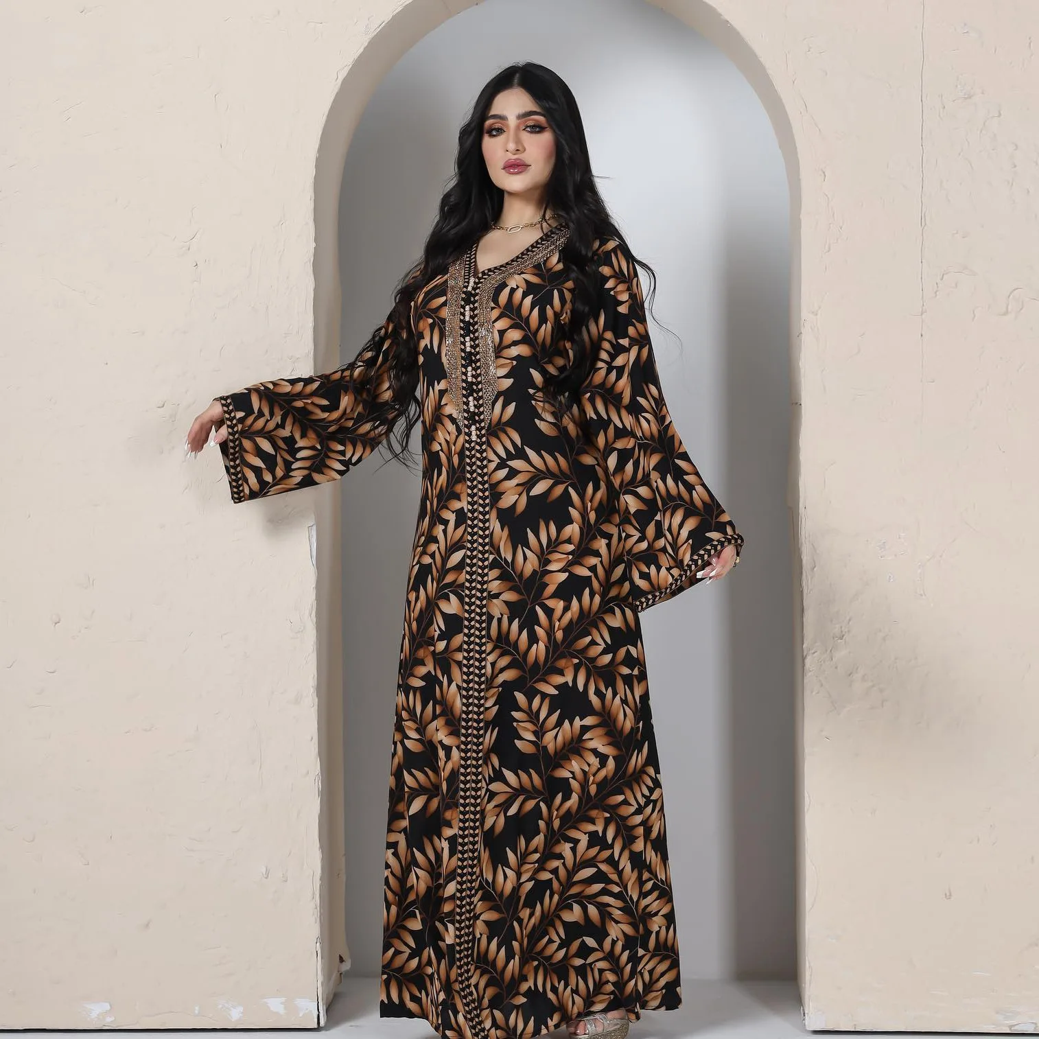 Beaded Abaya Printed Long Dress for Women Arabic Party Kaftan Braided Trimming Saudi Gulf Dubai Jalabiya Muslim Evening Dresses