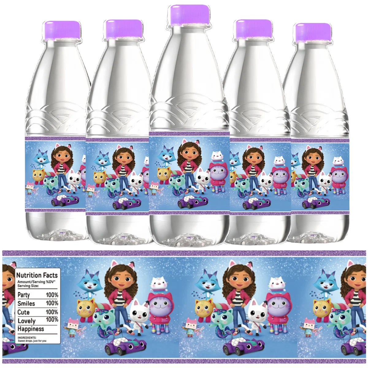 10/20/30PCS Gabby Dollhouse Water Bottle Label Sticker Birthday Decoration Gabby Cat Glass Waterproof Sticker Kid Party Supplies
